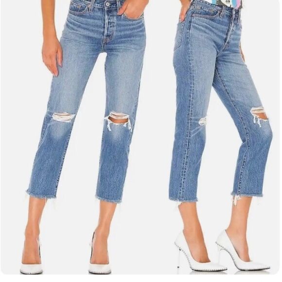 COPY - Levi’s Wedgie Straight Cropped Button Fly Distressed Raw Hem Jeans Women… - Picture 1 of 16